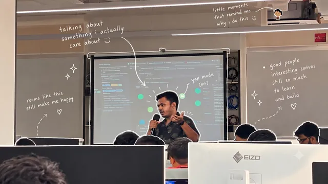 Piyush speaking to a room, surrounded by handwritten notes about sharing what he cares about and learning with good people.